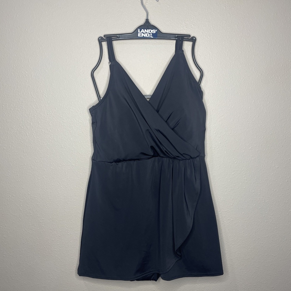 Lands' End Women Black V Neck Tulip Wrap One Piece Swim Suit Dress medium  NWT